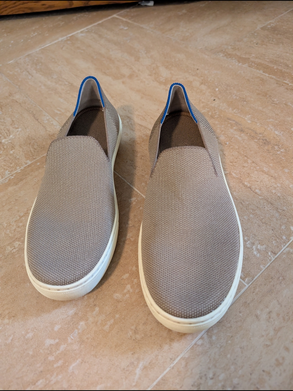Rothy's Taupe Slip-On Sneakers with Blue Heel Trim